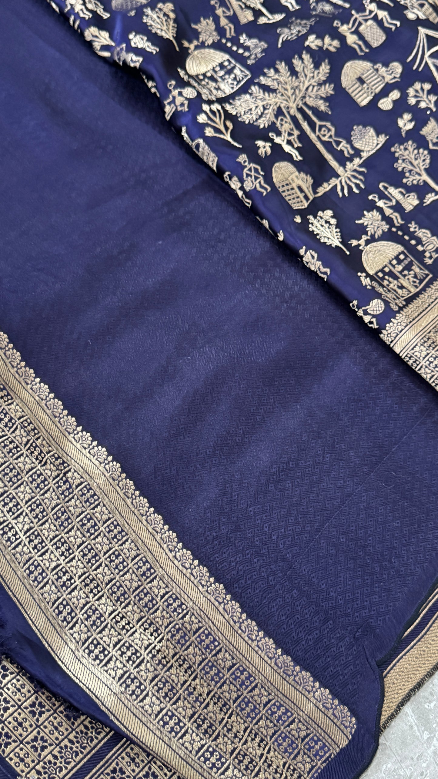 Pure Mashru Silk Banarasi Saree With Warli Art Form Woven - Navy Blue