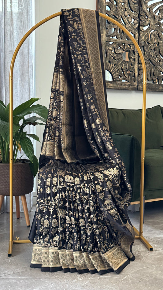 Pure Mashru Silk Banarasi Saree With Warli Art Form Woven - Black