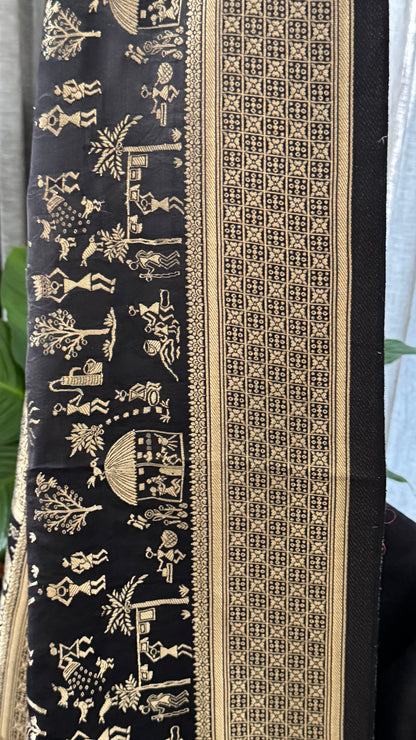 Pure Mashru Silk Banarasi Saree With Warli Art Form Woven - Black