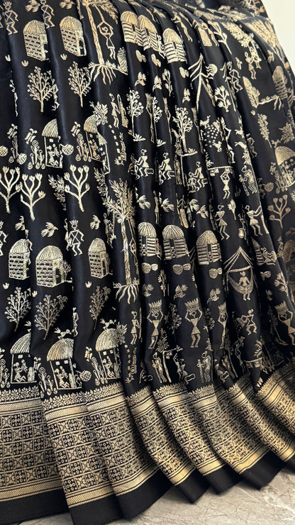 Pure Mashru Silk Banarasi Saree With Warli Art Form Woven - Black