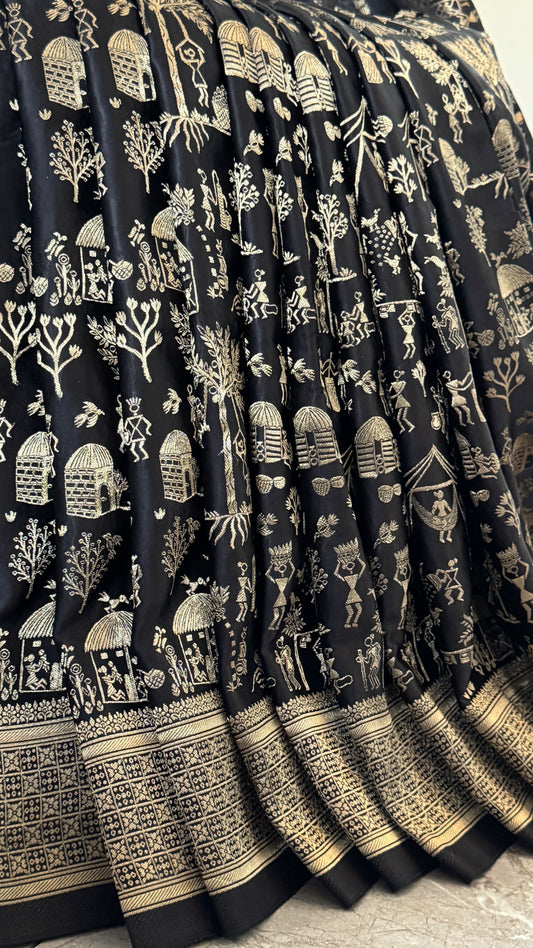 Pure Mashru Silk Banarasi Saree With Warli Art Form Woven - Black