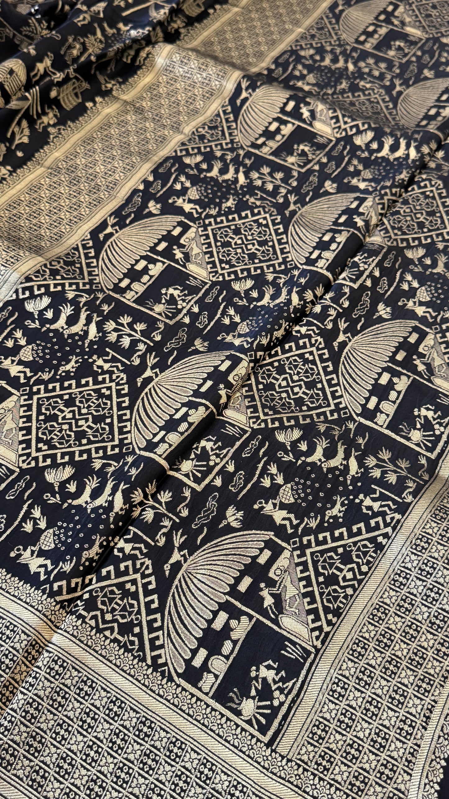 Pure Mashru Silk Banarasi Saree With Warli Art Form Woven - Black