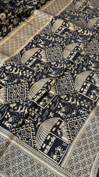 Pure Mashru Silk Banarasi Saree With Warli Art Form Woven - Black