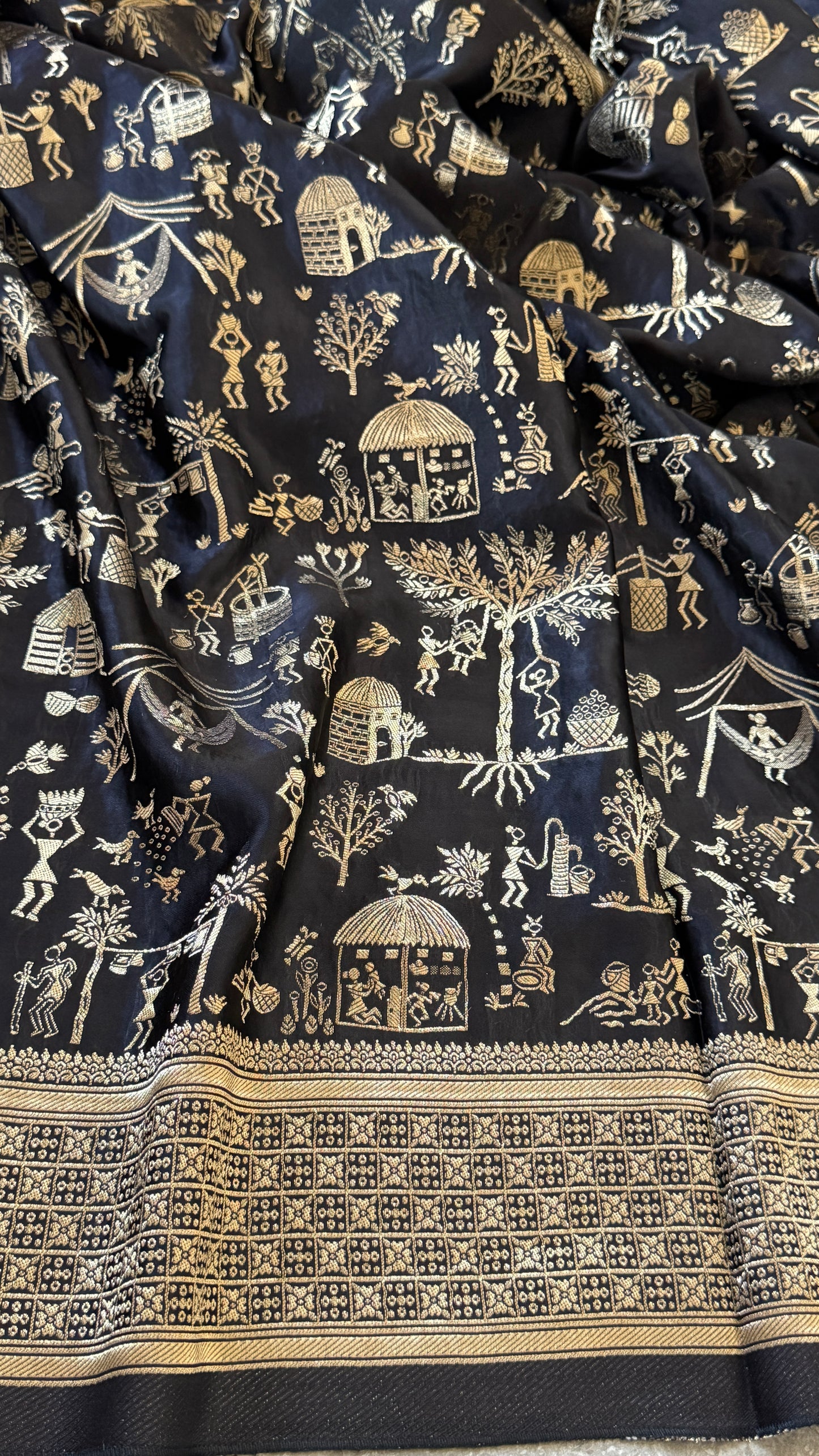 Pure Mashru Silk Banarasi Saree With Warli Art Form Woven - Black