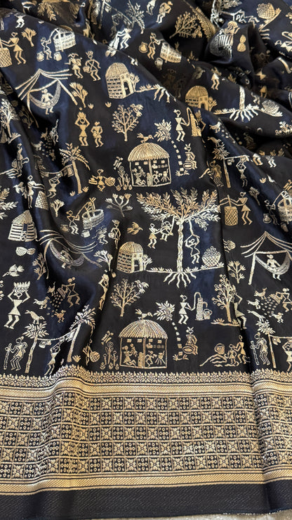Pure Mashru Silk Banarasi Saree With Warli Art Form Woven - Black