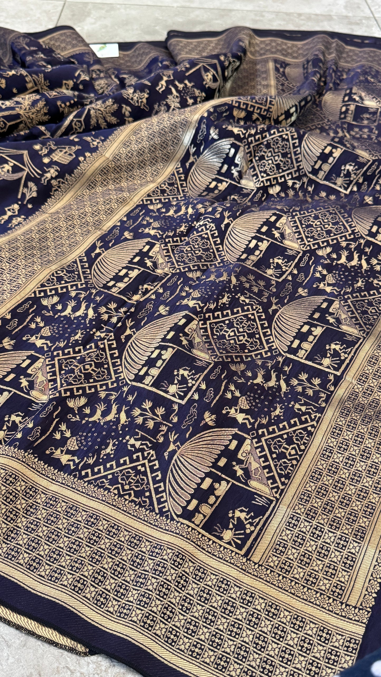 Pure Mashru Silk Banarasi Saree With Warli Art Form Woven - Navy Blue
