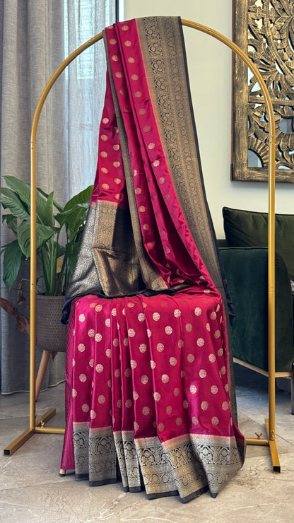 Semi Mashru Silk Banarasi Saree - Burgandy and Navy Blue
