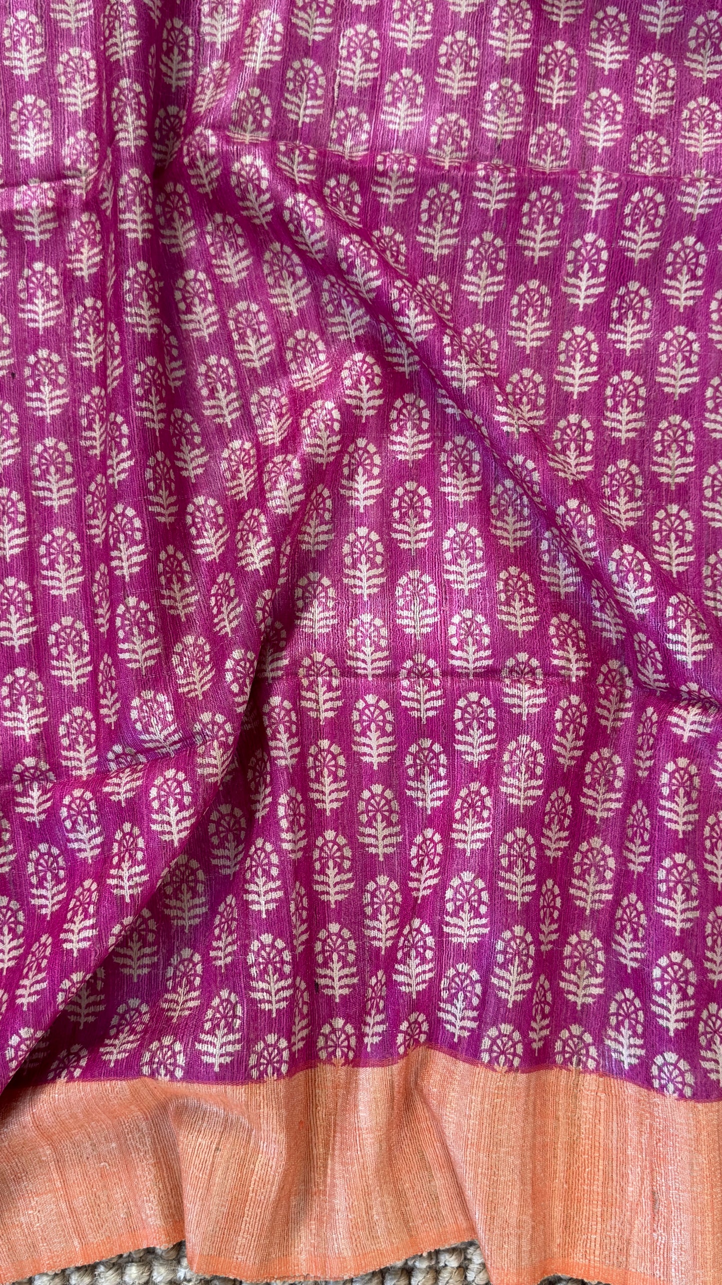 Handloom Giccha silk saree – Ajrakh block prints - Pink and Orange Combo
