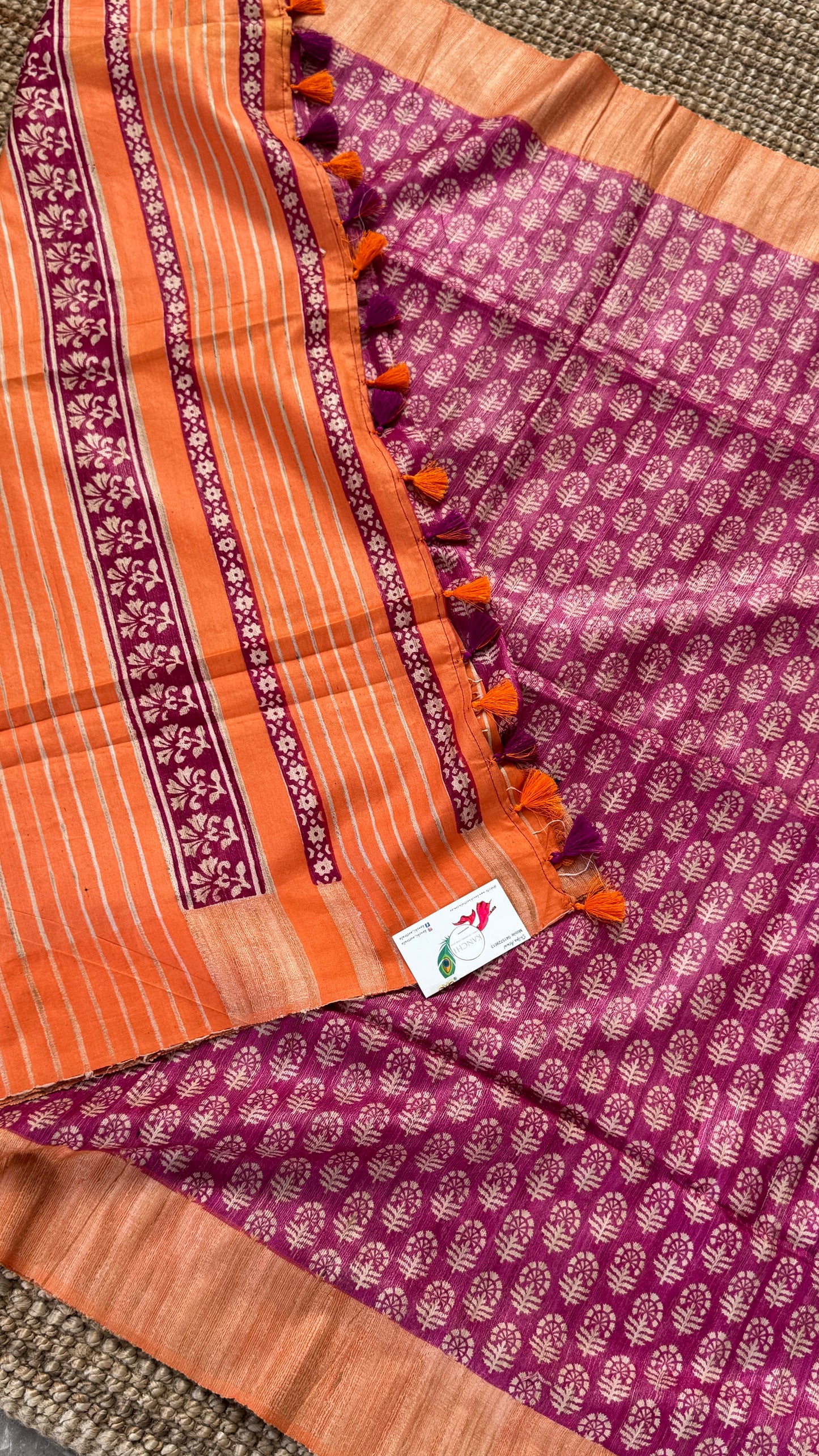 Handloom Giccha silk saree – Ajrakh block prints - Pink and Orange Combo