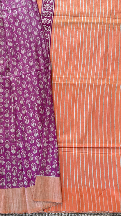Handloom Giccha silk saree – Ajrakh block prints - Pink and Orange Combo