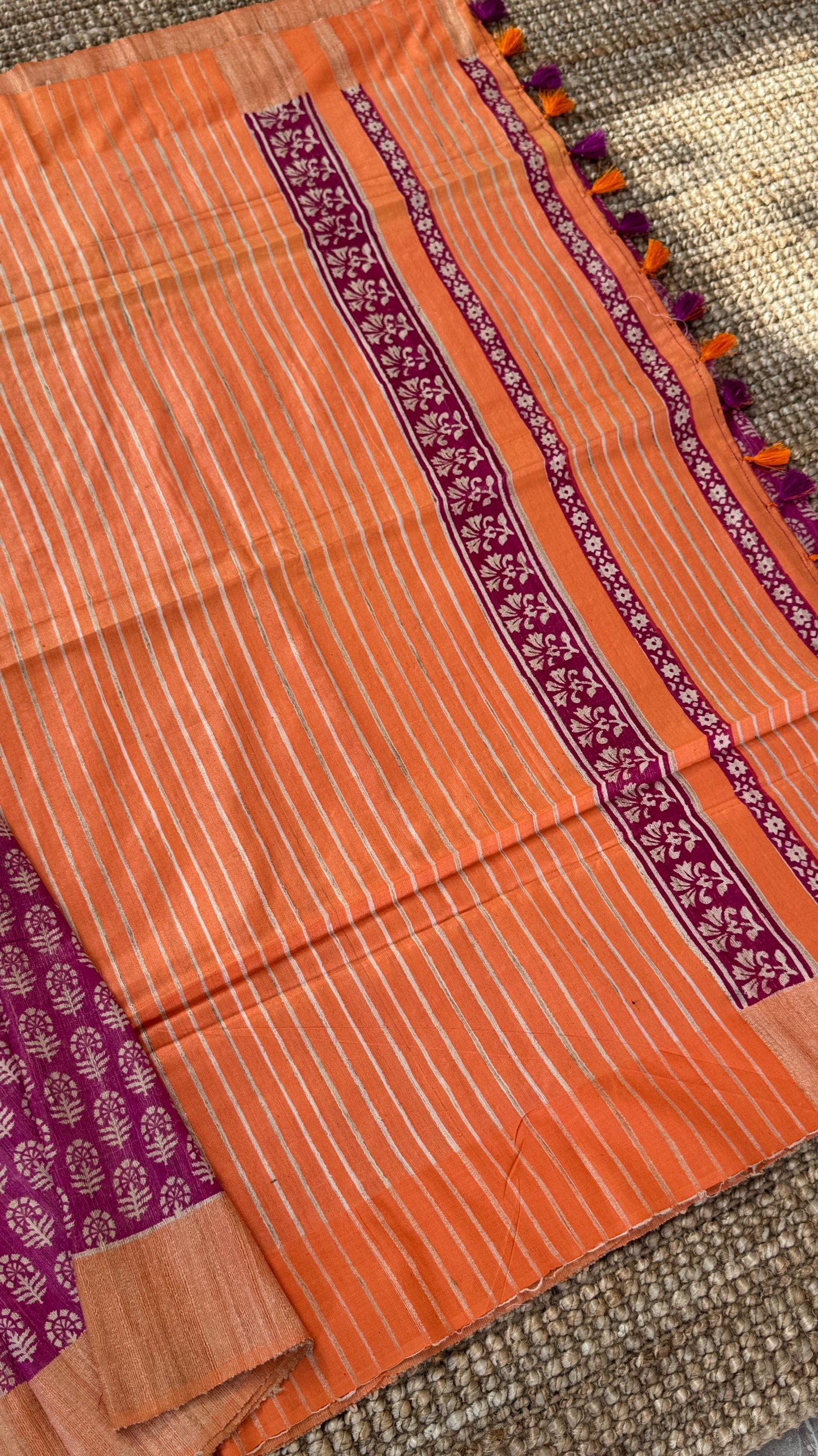 Handloom Giccha silk saree – Ajrakh block prints - Pink and Orange Combo