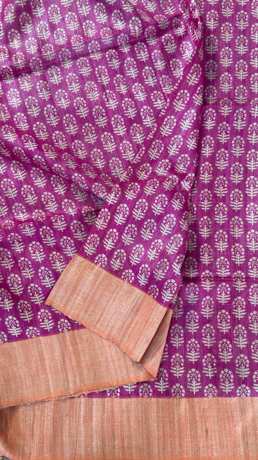 Handloom Giccha silk saree – Ajrakh block prints - Pink and Orange Combo