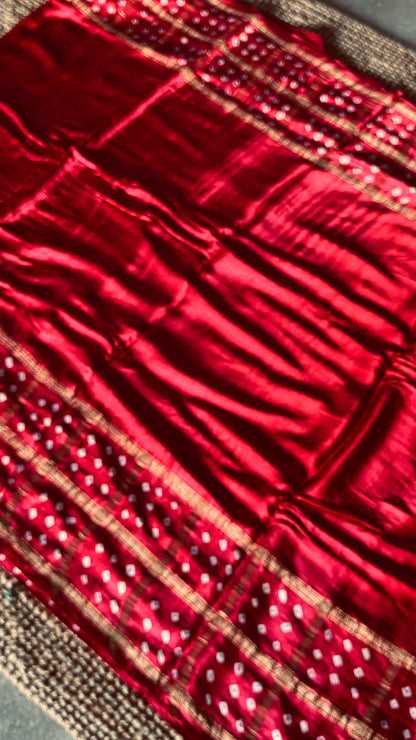 Tie & Dye Handknotted Gharchola Bandhej Pure Gajji Silk Saree - Red