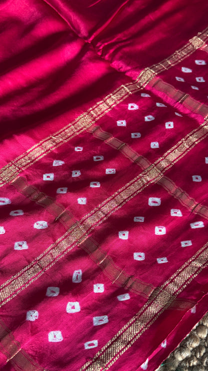 Tie & Dye Handknotted Gharchola Bandhej Pure Gajji Silk Saree - Hot Pink