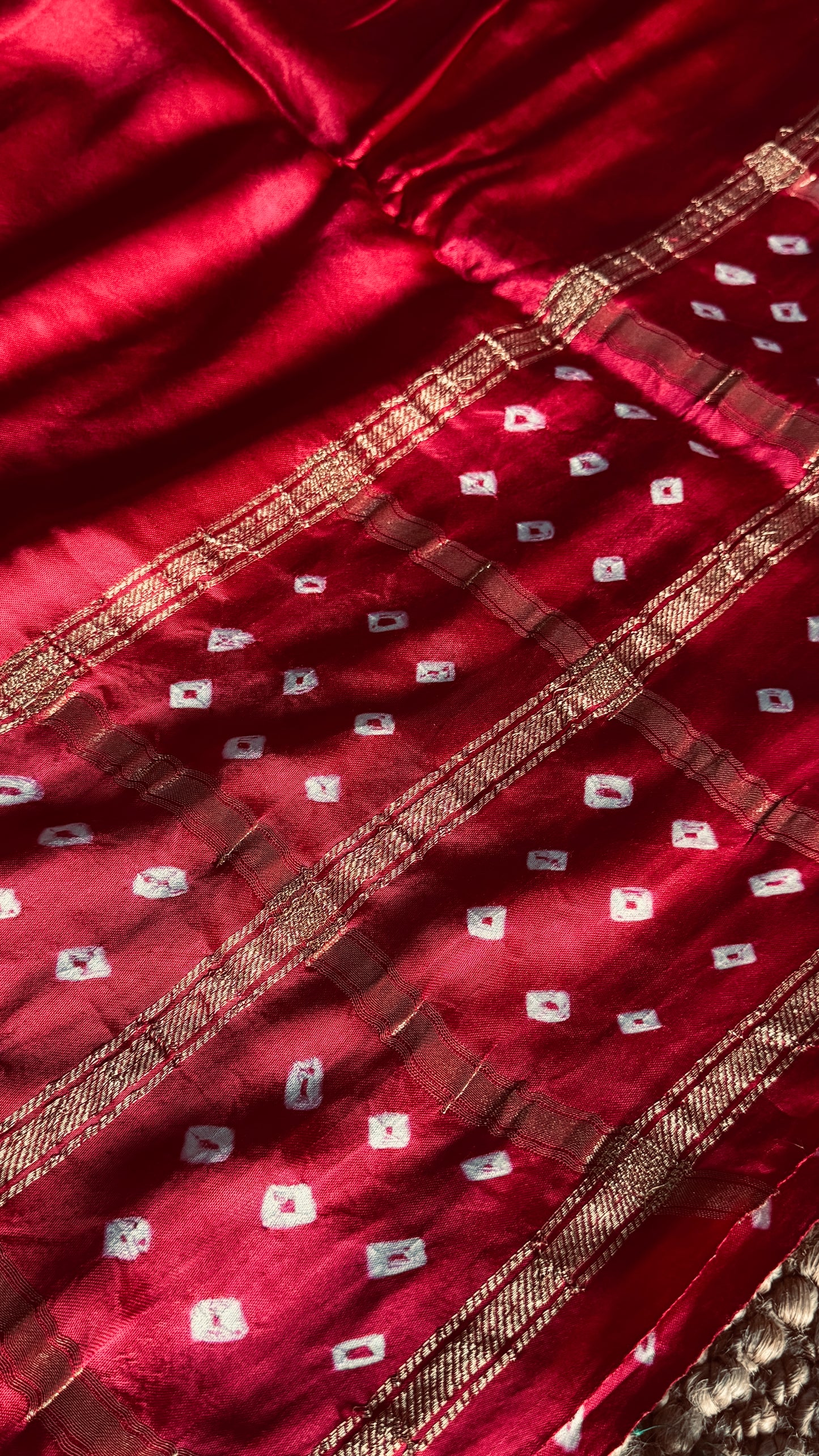 Tie & Dye Handknotted Gharchola Bandhej Pure Gajji Silk Saree - Red