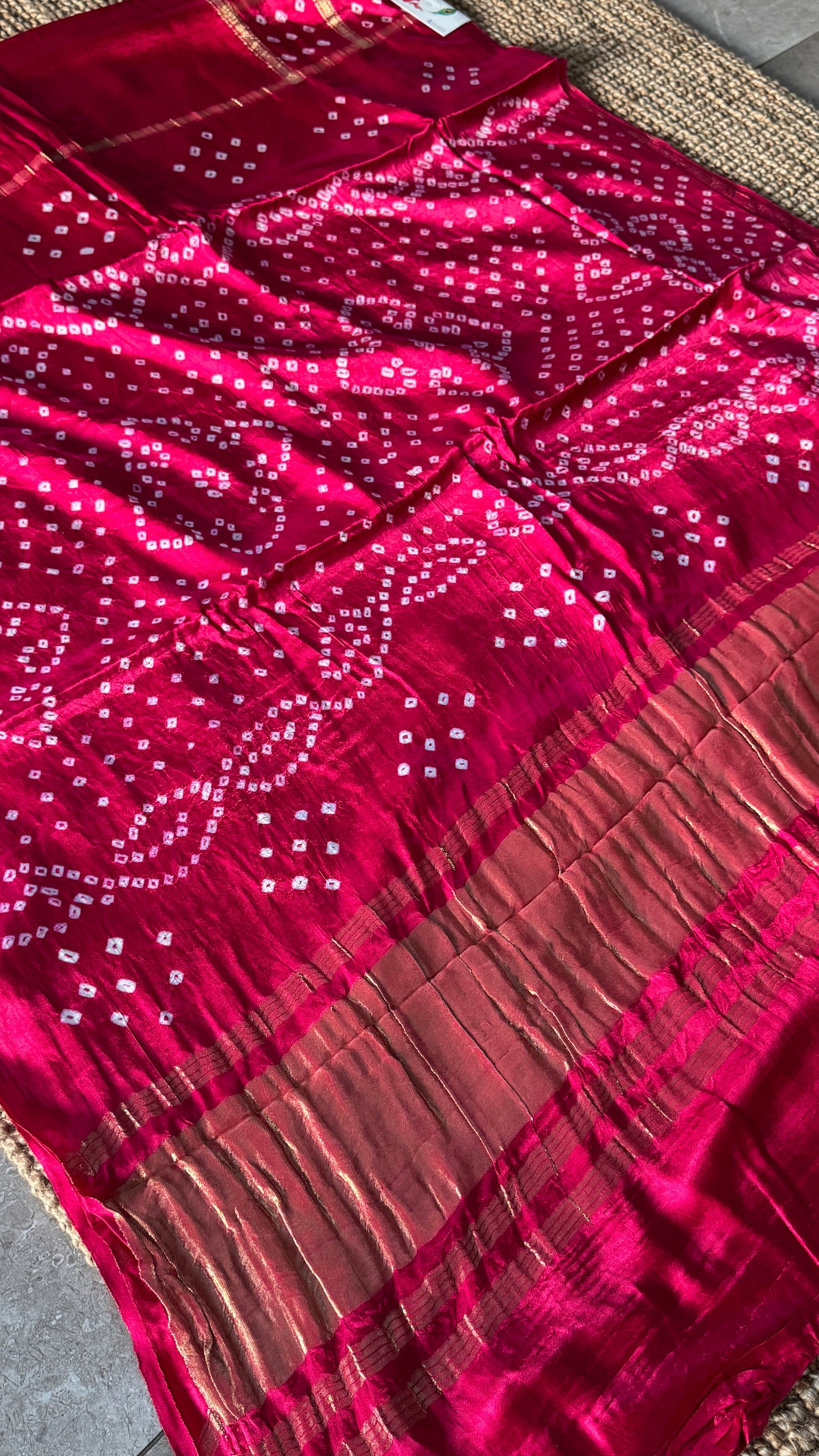 Tie & Dye Handknotted Gharchola Bandhej Pure Gajji Silk Saree - Hot Pink