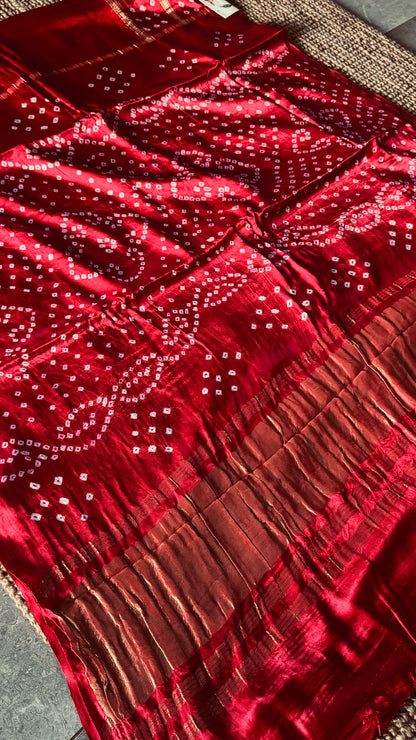 Tie & Dye Handknotted Gharchola Bandhej Pure Gajji Silk Saree - Red