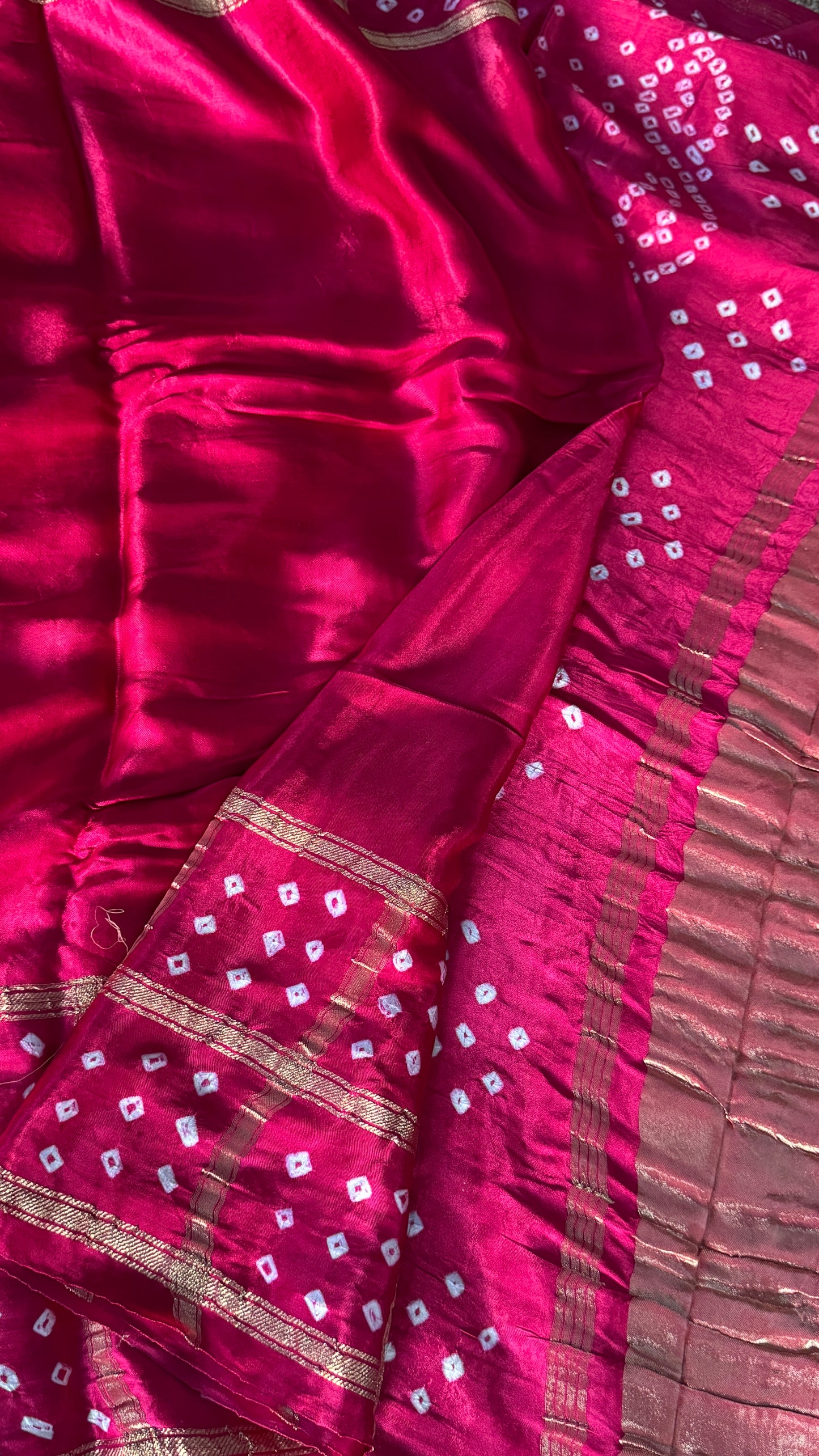Tie & Dye Handknotted Gharchola Bandhej Pure Gajji Silk Saree - Hot Pink