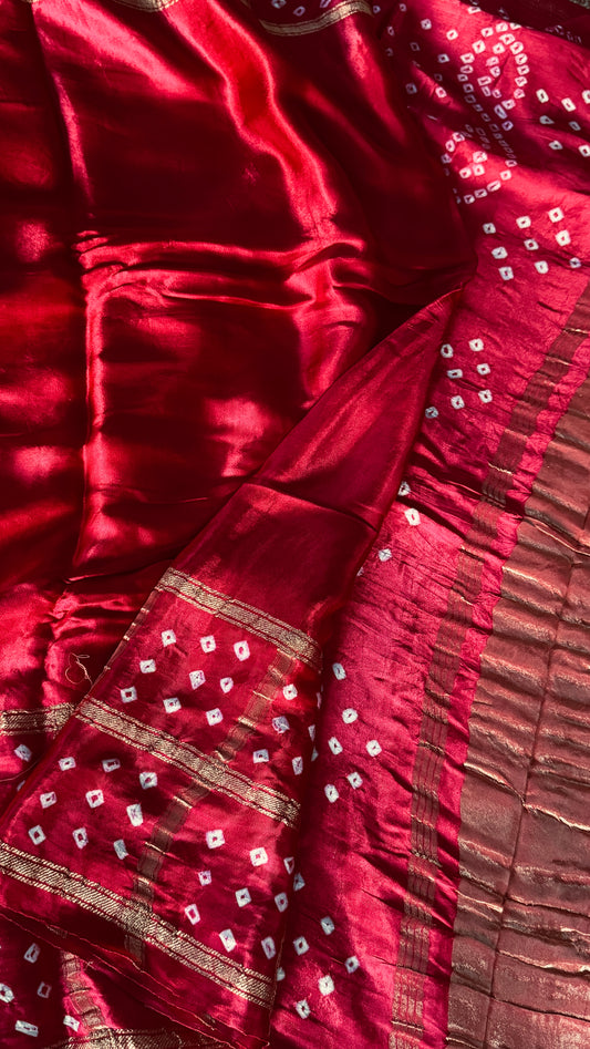 Tie & Dye Handknotted Gharchola Bandhej Pure Gajji Silk Saree - Red