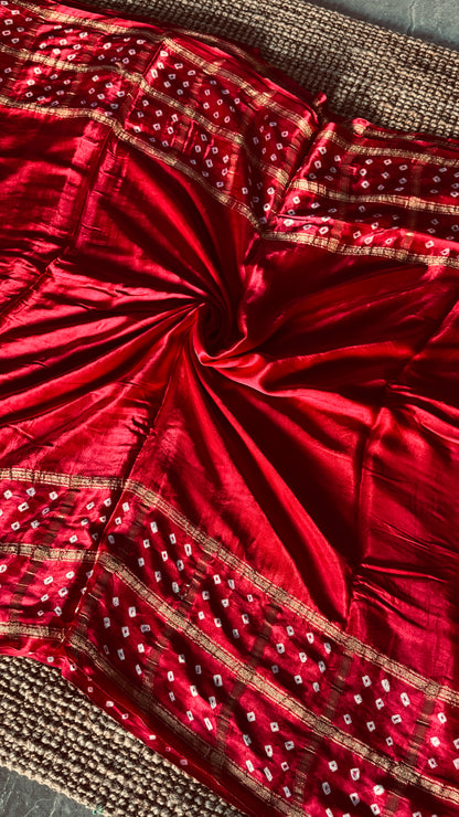 Tie & Dye Handknotted Gharchola Bandhej Pure Gajji Silk Saree - Red