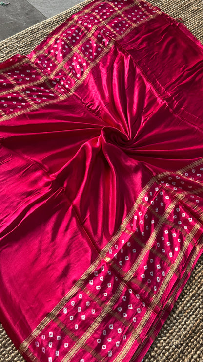 Tie & Dye Handknotted Gharchola Bandhej Pure Gajji Silk Saree - Hot Pink