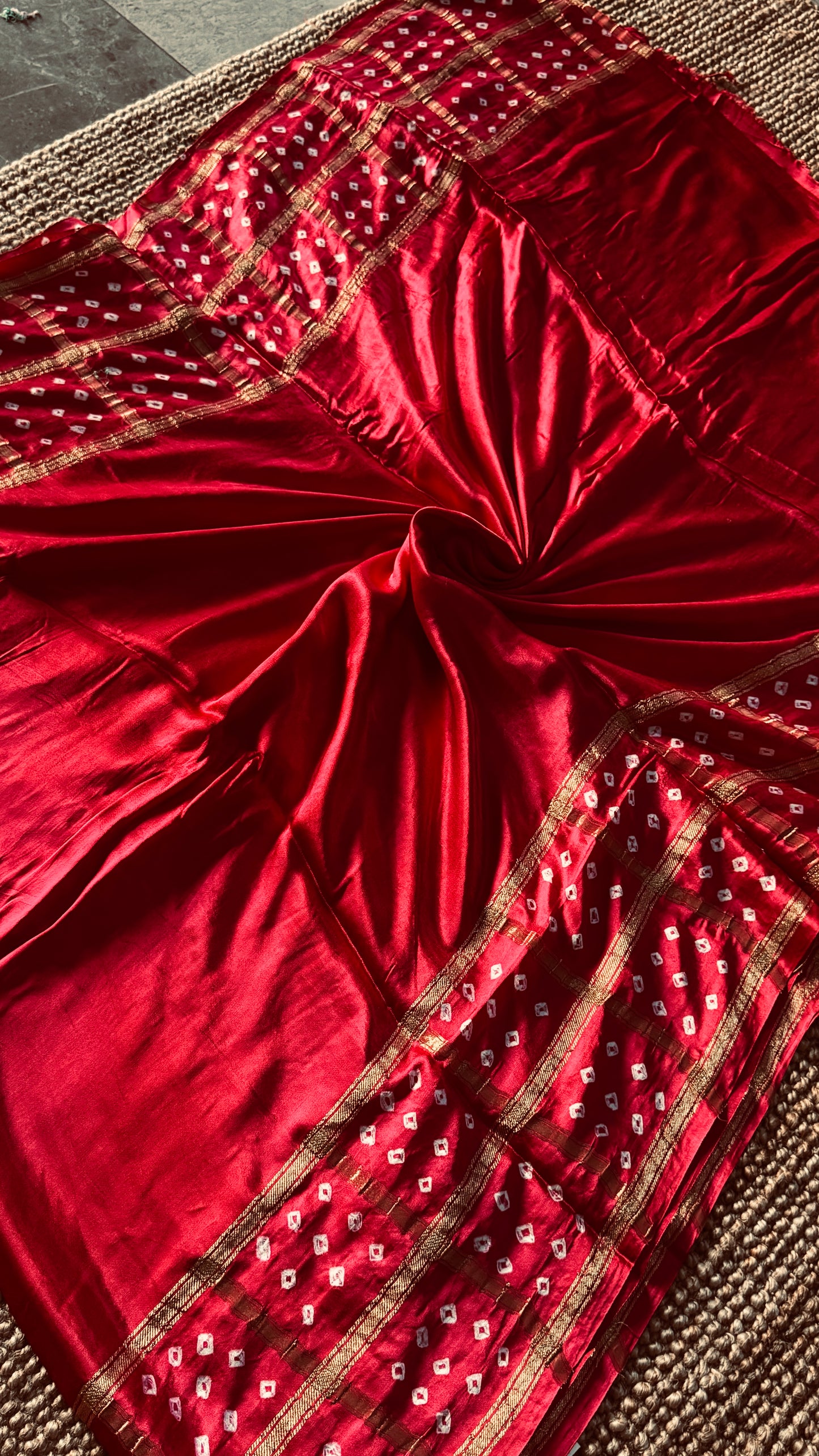 Tie & Dye Handknotted Gharchola Bandhej Pure Gajji Silk Saree - Red