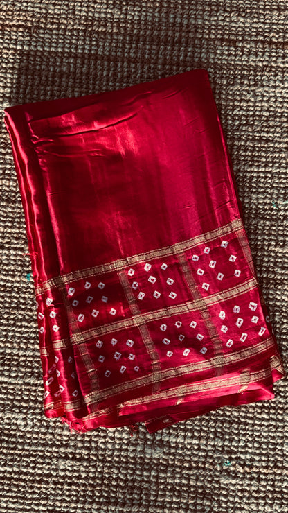 Tie & Dye Handknotted Gharchola Bandhej Pure Gajji Silk Saree - Red