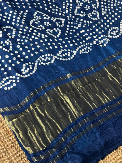 Tie & Dye Handknotted Gharchola Bandhej Pure Gajji Silk Saree - Peacock Blue
