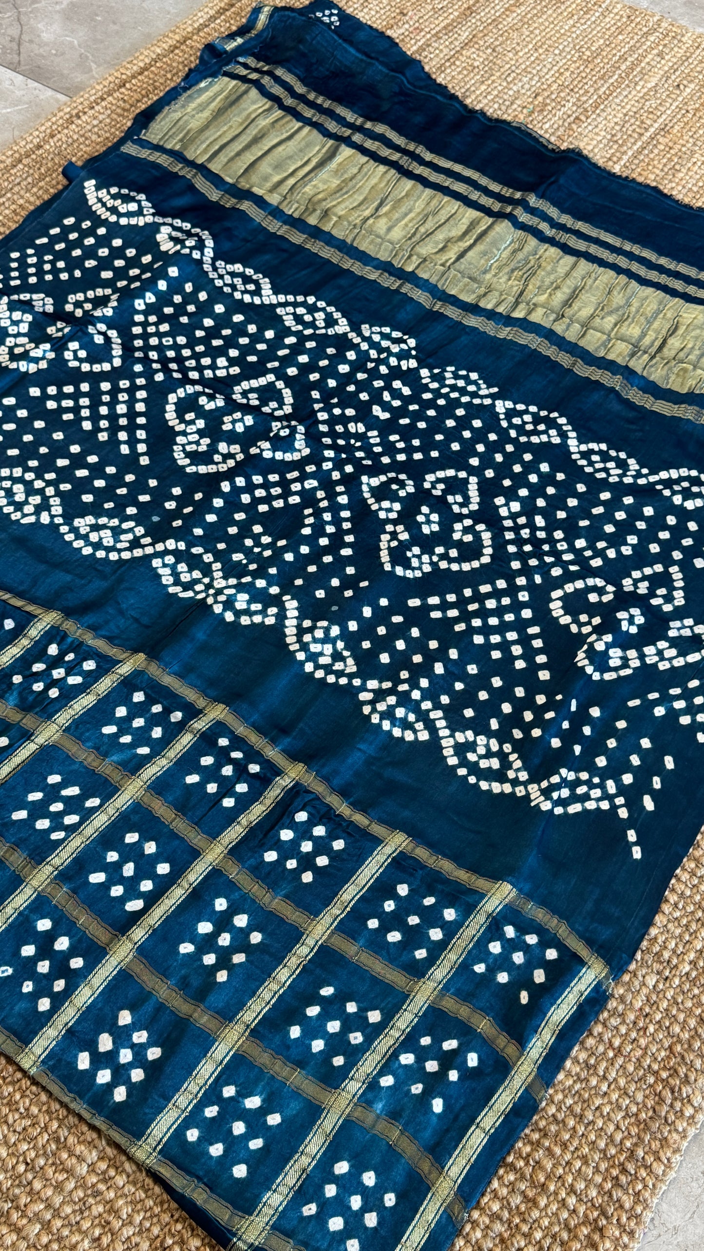 Tie & Dye Handknotted Gharchola Bandhej Pure Gajji Silk Saree - Peacock Blue