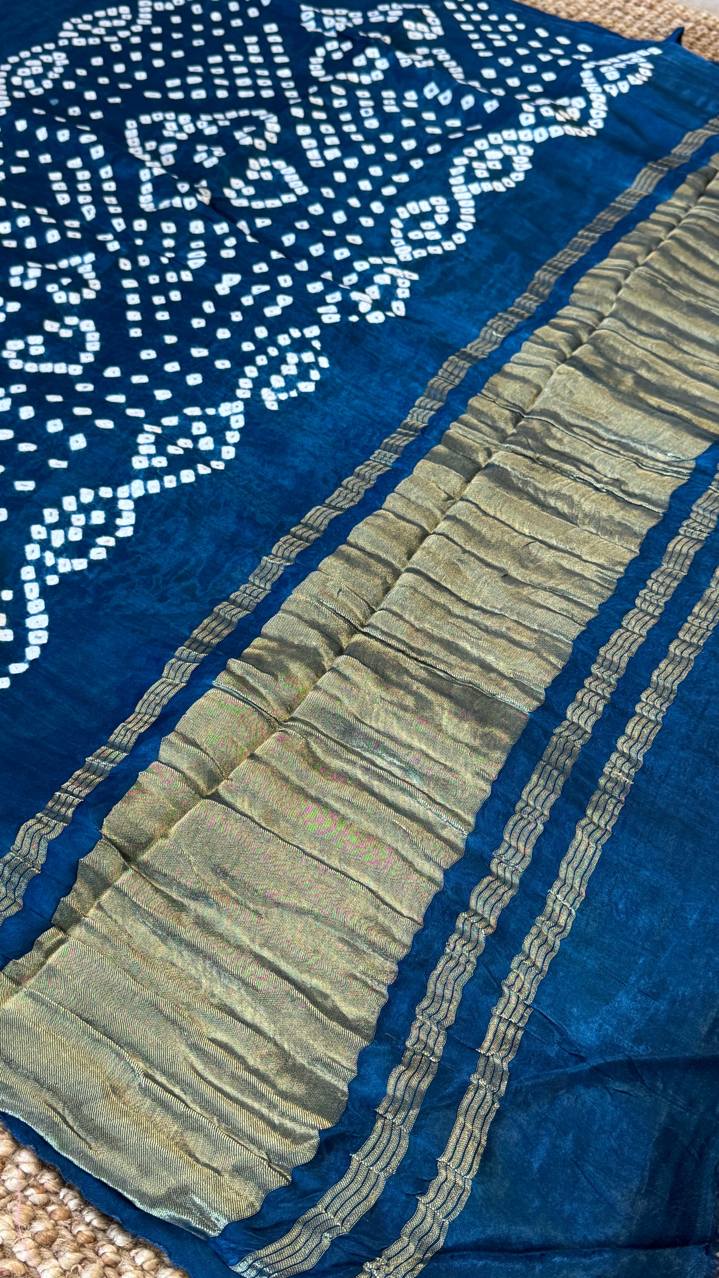 Tie & Dye Handknotted Gharchola Bandhej Pure Gajji Silk Saree - Peacock Blue