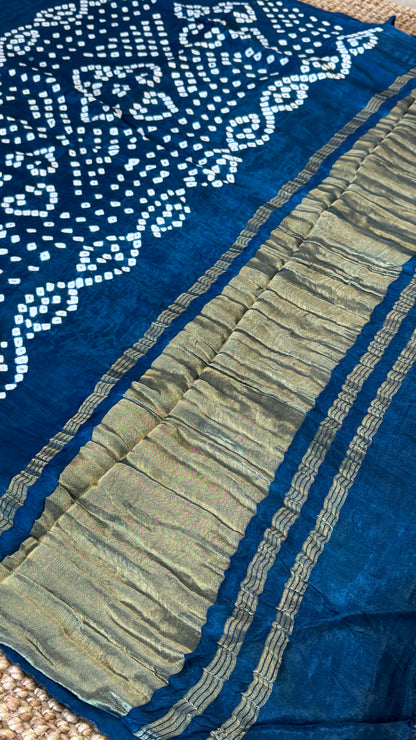 Tie & Dye Handknotted Gharchola Bandhej Pure Gajji Silk Saree - Peacock Blue