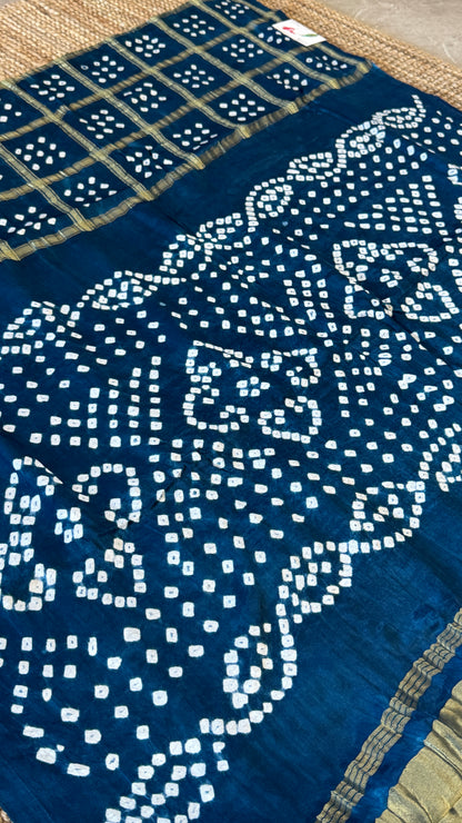 Tie & Dye Handknotted Gharchola Bandhej Pure Gajji Silk Saree - Peacock Blue