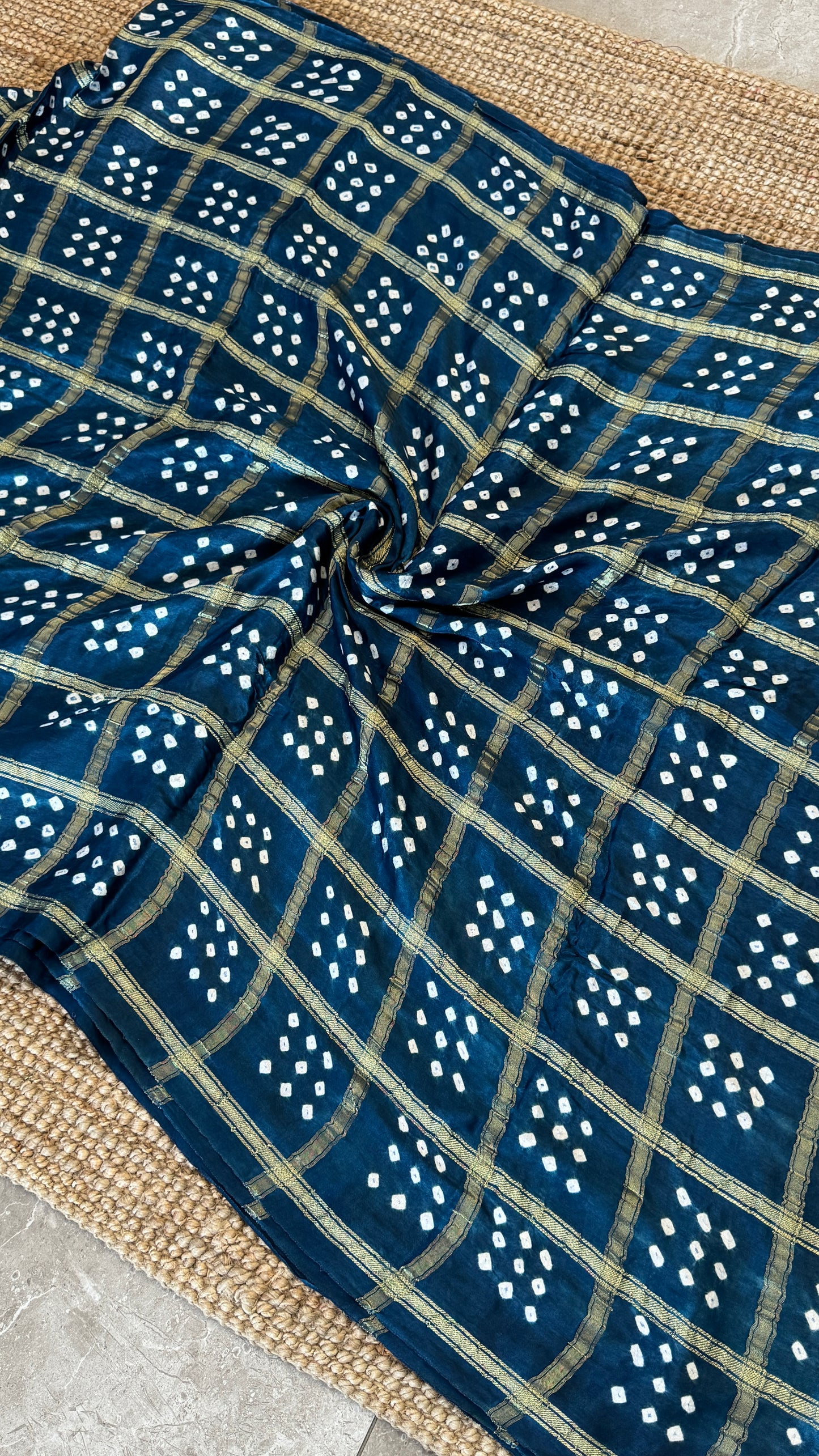 Tie & Dye Handknotted Gharchola Bandhej Pure Gajji Silk Saree - Peacock Blue