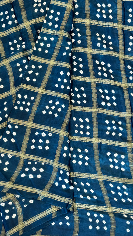 Tie & Dye Handknotted Gharchola Bandhej Pure Gajji Silk Saree - Peacock Blue