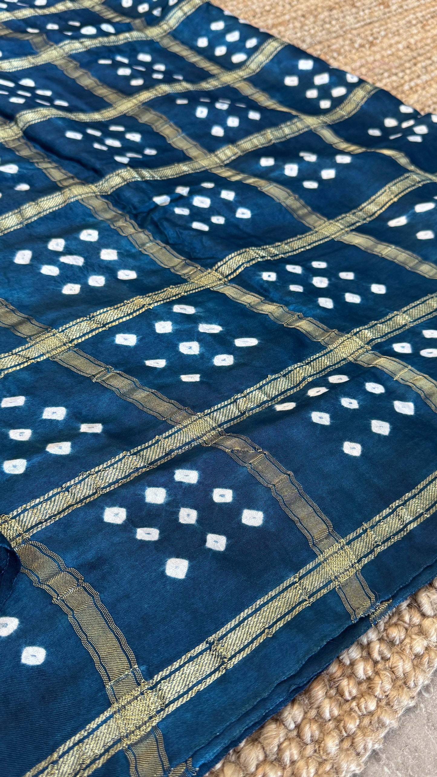 Tie & Dye Handknotted Gharchola Bandhej Pure Gajji Silk Saree - Peacock Blue