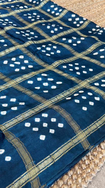Tie & Dye Handknotted Gharchola Bandhej Pure Gajji Silk Saree - Peacock Blue
