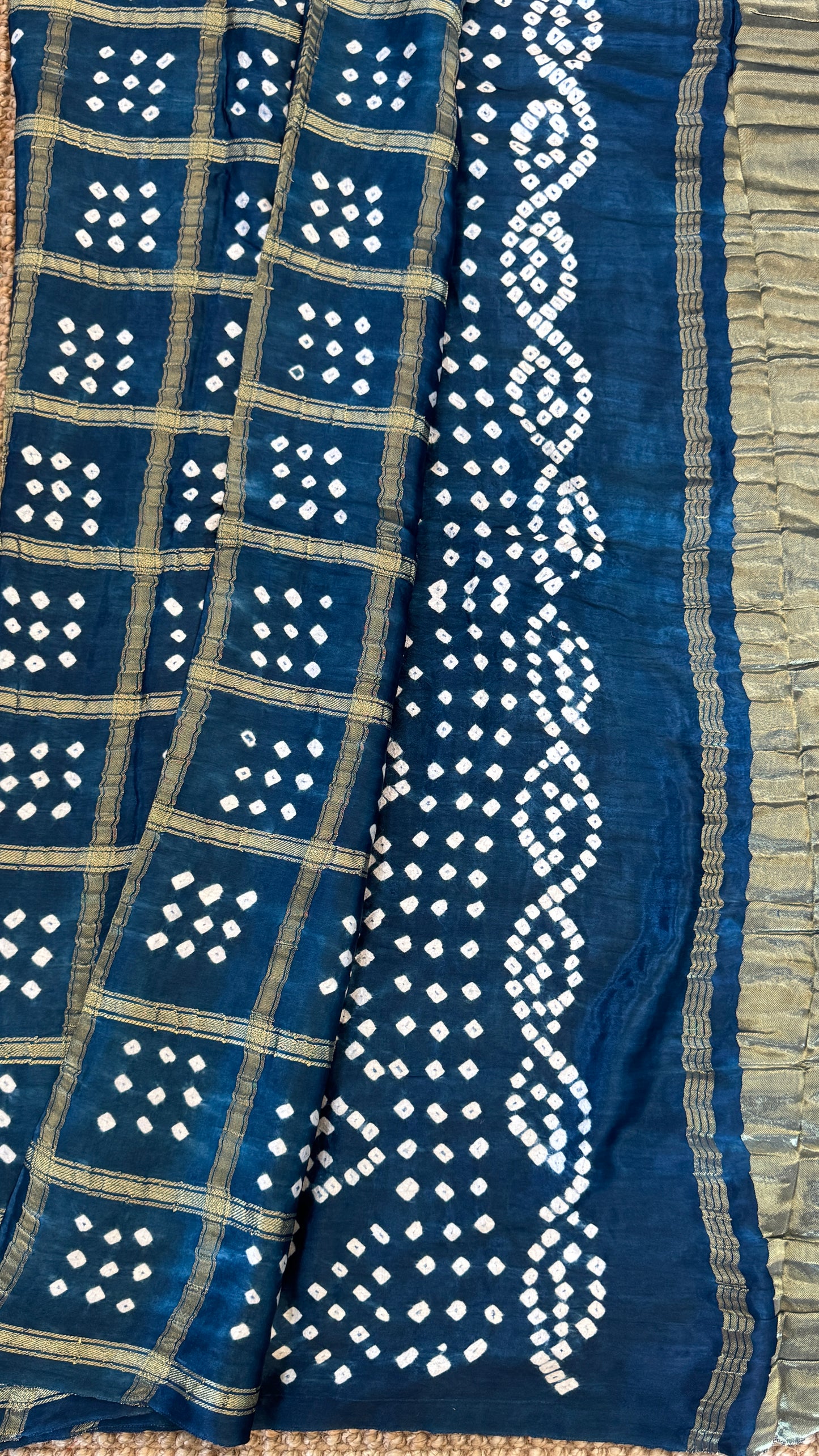 Tie & Dye Handknotted Gharchola Bandhej Pure Gajji Silk Saree - Peacock Blue