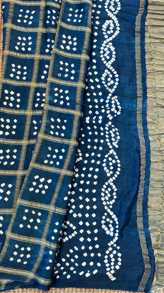 Tie & Dye Handknotted Gharchola Bandhej Pure Gajji Silk Saree - Peacock Blue