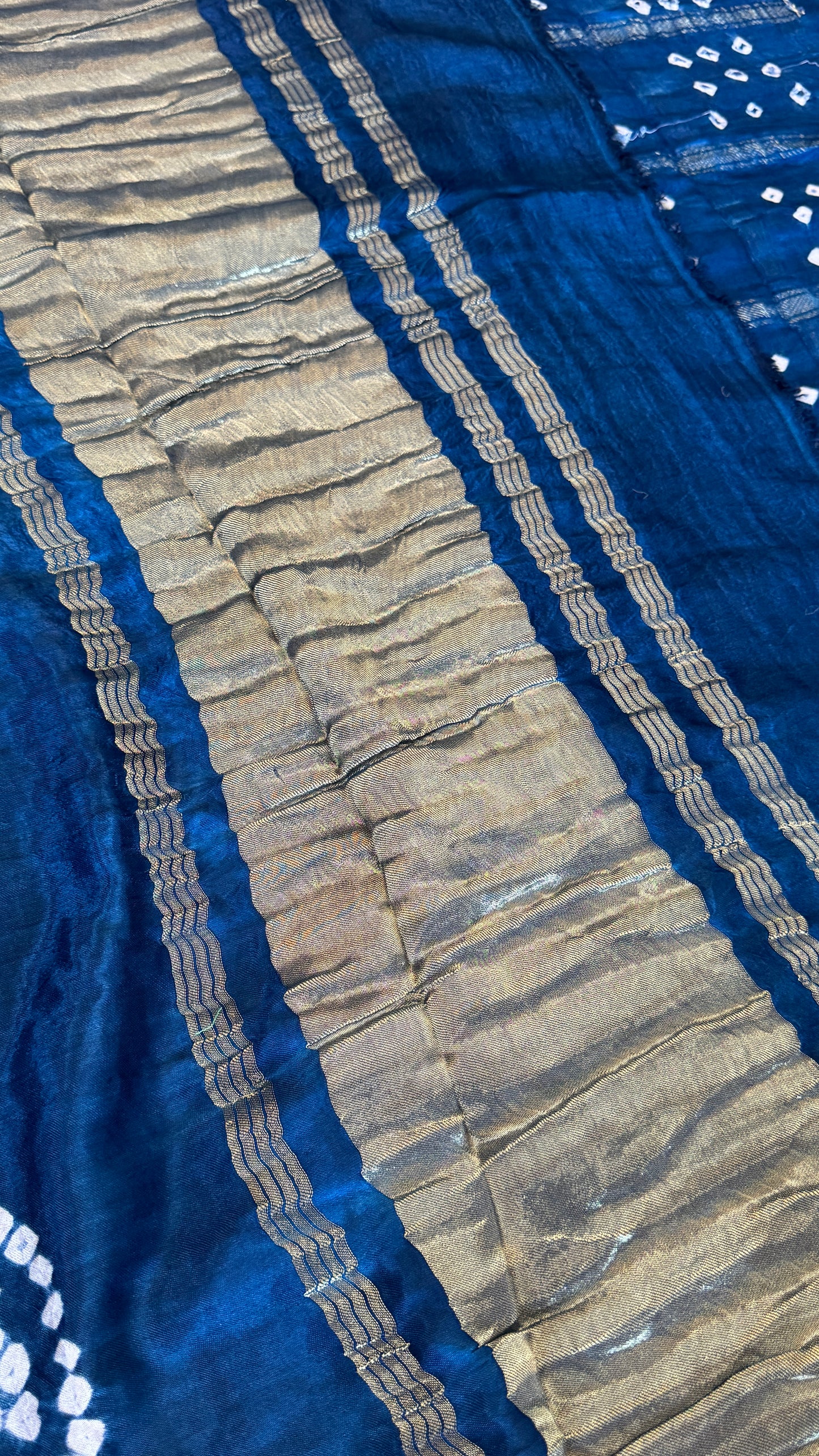Tie & Dye Handknotted Gharchola Bandhej Pure Gajji Silk Saree - Peacock Blue
