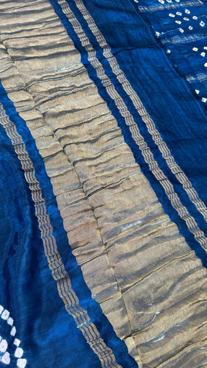 Tie & Dye Handknotted Gharchola Bandhej Pure Gajji Silk Saree - Peacock Blue