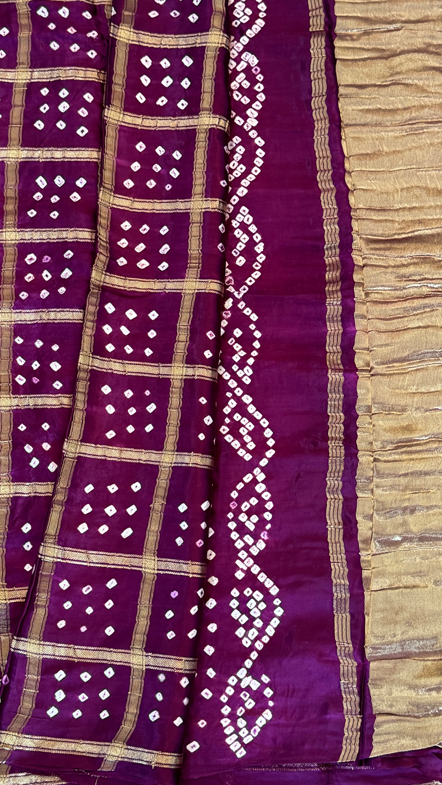 Tie & Dye Handknotted Gharchola Bandhej Pure Gajji Silk Saree - Wine