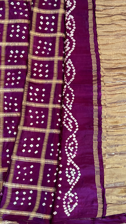 Tie & Dye Handknotted Gharchola Bandhej Pure Gajji Silk Saree - Wine