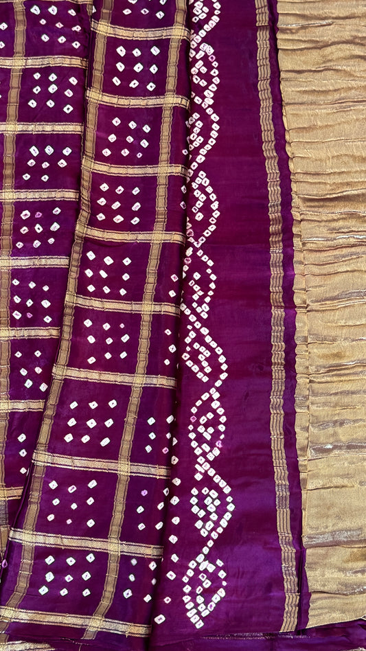 Tie & Dye Handknotted Gharchola Bandhej Pure Gajji Silk Saree - Wine