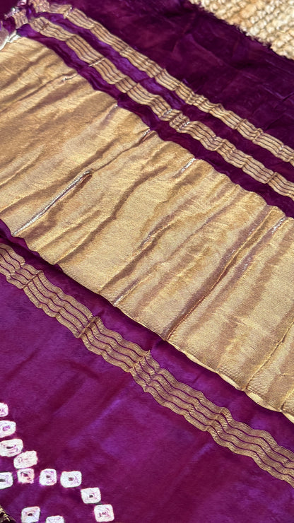 Tie & Dye Handknotted Gharchola Bandhej Pure Gajji Silk Saree - Wine