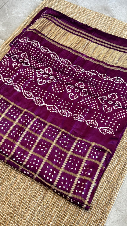 Tie & Dye Handknotted Gharchola Bandhej Pure Gajji Silk Saree - Wine
