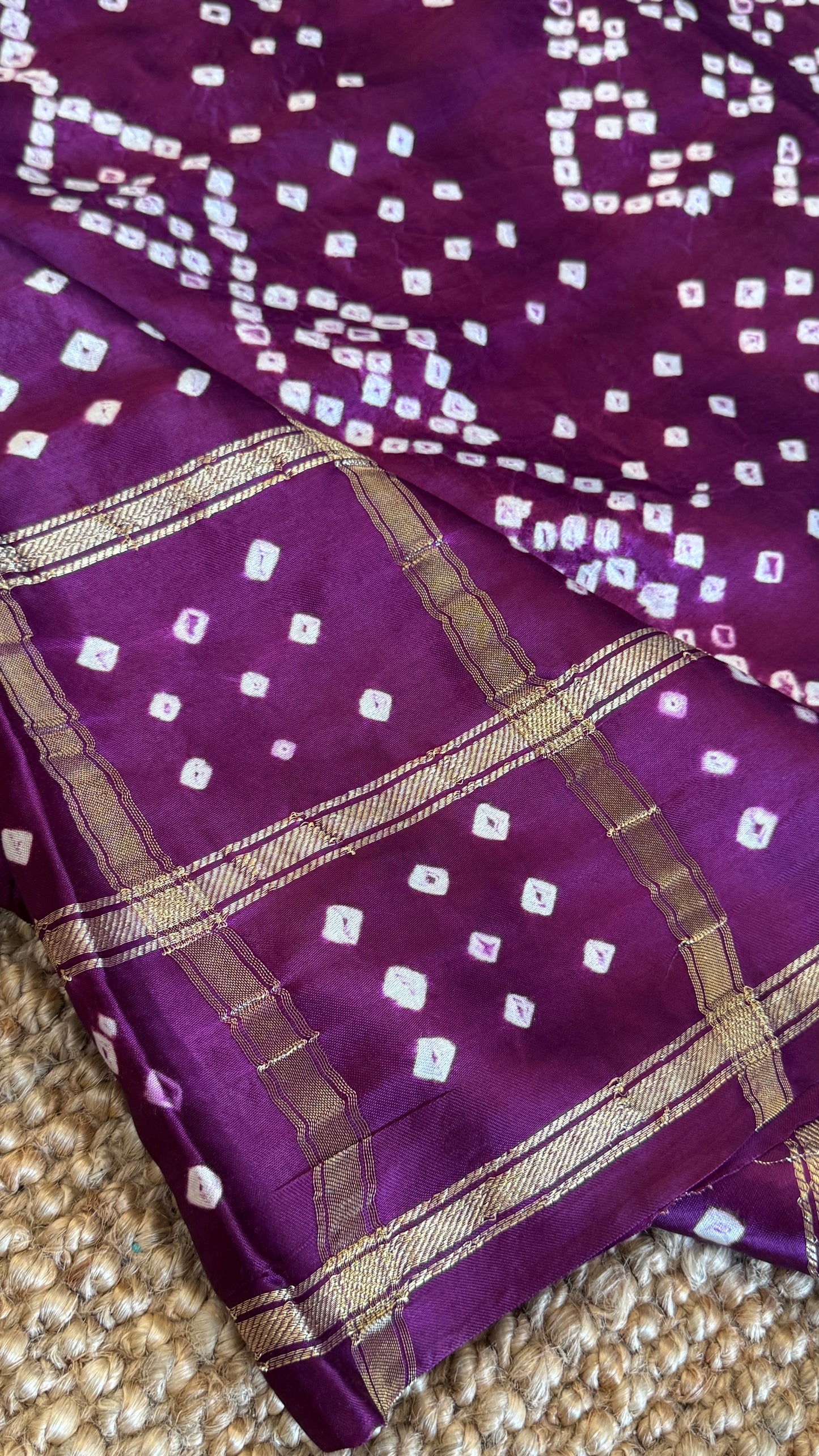 Tie & Dye Handknotted Gharchola Bandhej Pure Gajji Silk Saree - Wine