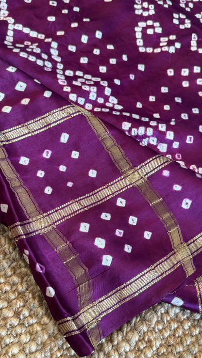 Tie & Dye Handknotted Gharchola Bandhej Pure Gajji Silk Saree - Wine