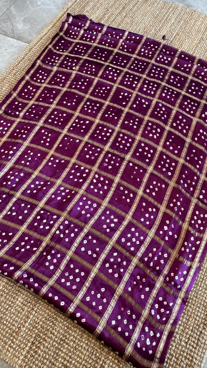 Tie & Dye Handknotted Gharchola Bandhej Pure Gajji Silk Saree - Wine