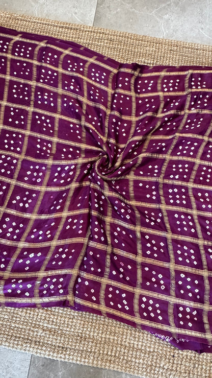 Tie & Dye Handknotted Gharchola Bandhej Pure Gajji Silk Saree - Wine