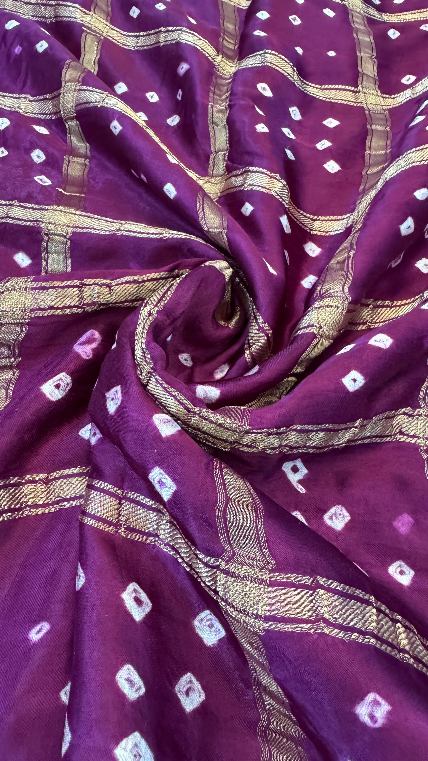 Tie & Dye Handknotted Gharchola Bandhej Pure Gajji Silk Saree - Wine
